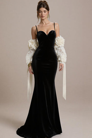 Black Velvet Spaghetti Straps Mermaid Long Formal Dress with Sleeves